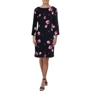 Lauren Ralph Lauren Navy & Pink Floral Print  Midi Dress 3/4 Sleeves Scoop Neck